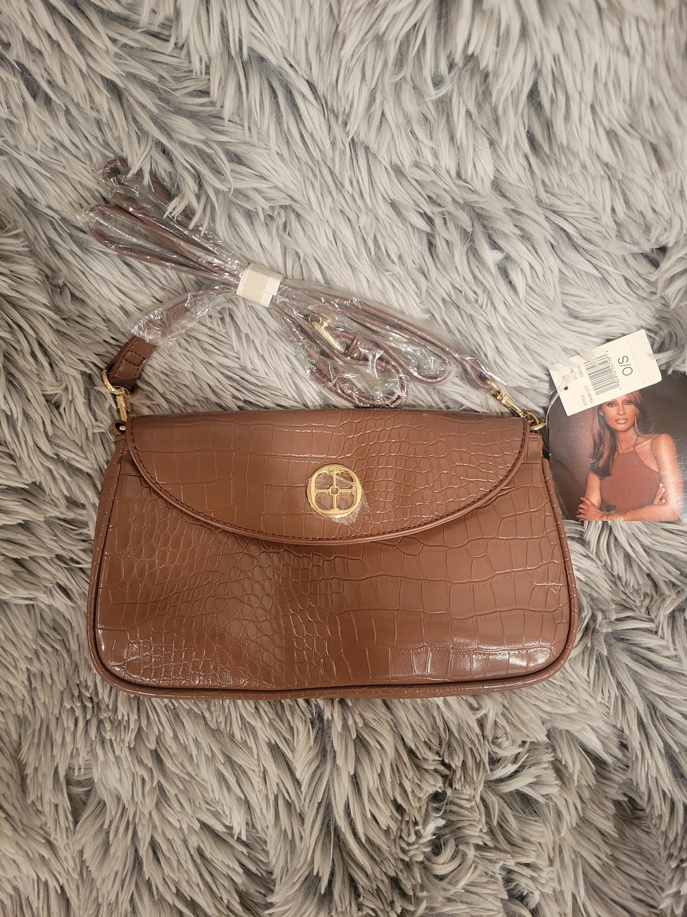 IMAN Brown Croc-Embossed Shoulder Bag with Gold Logo
